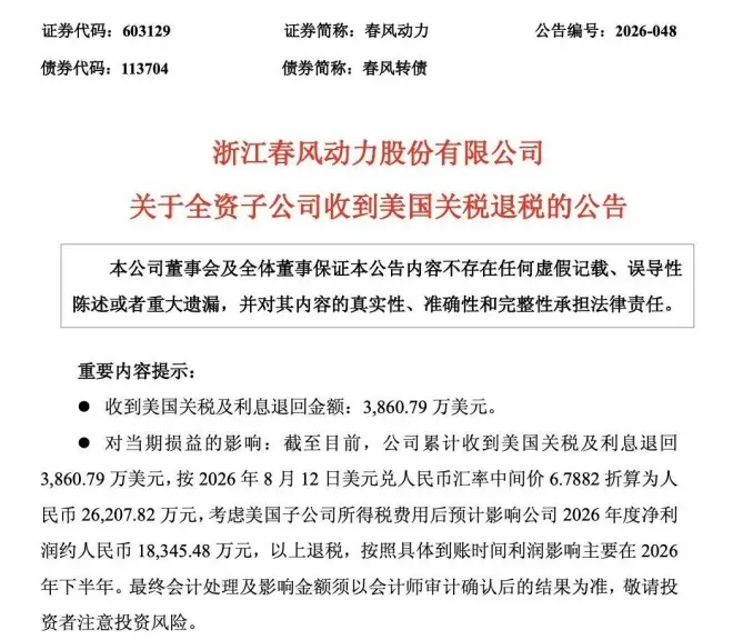 浙江一家公司，收到美国政府2.62亿元关税退税