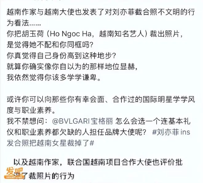 刘亦菲发合照裁掉越南女星 越南网友炸锅