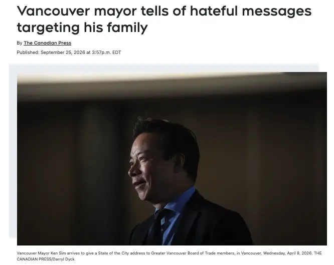 温哥华华裔市长沈观健一家遭死亡威胁！有人扬言“砍掉他的头”
