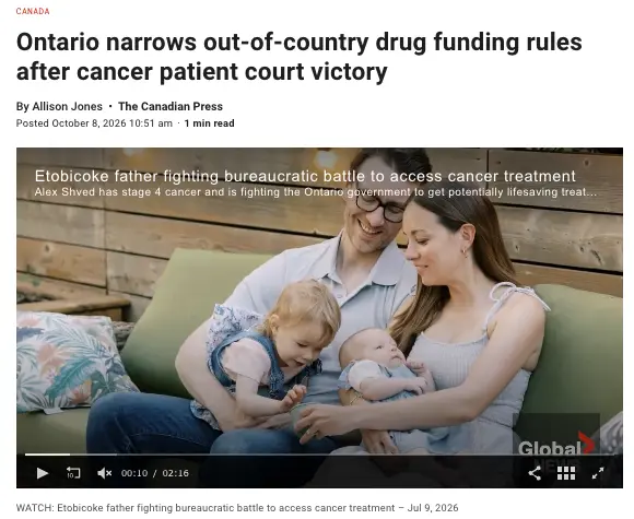 安省癌症爸爸告赢OHIP，结果政府直接改了这项规则！出国治病以后更难报销