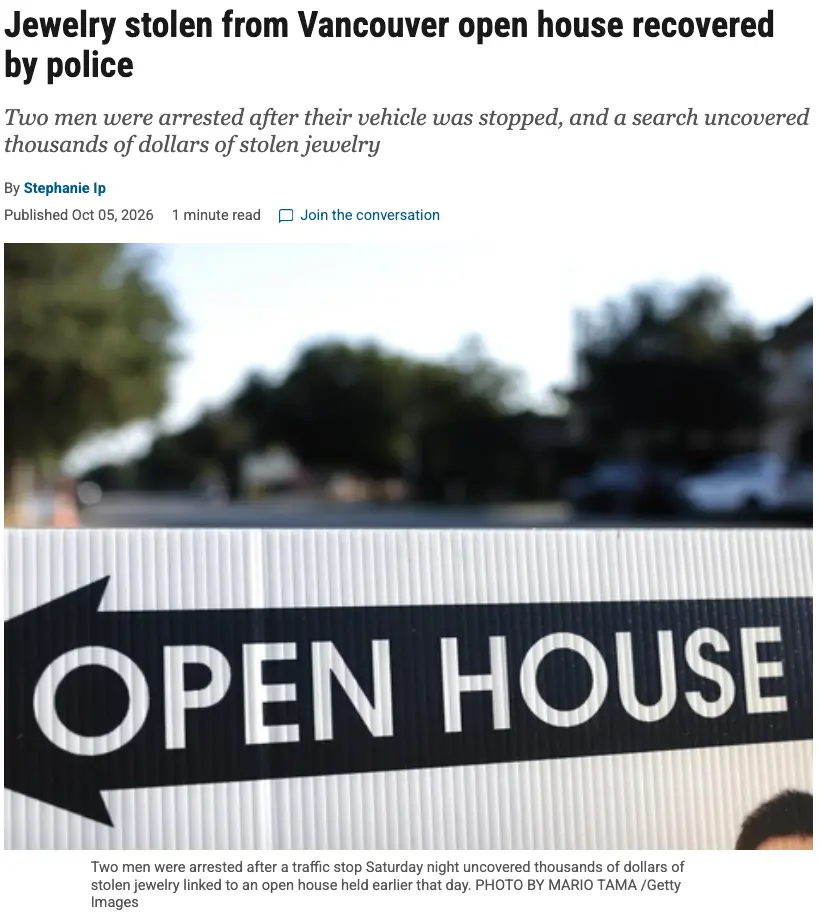 加拿大2名男子去OpenHouse看房，拿走房主$10,000珠宝，结果悲剧了