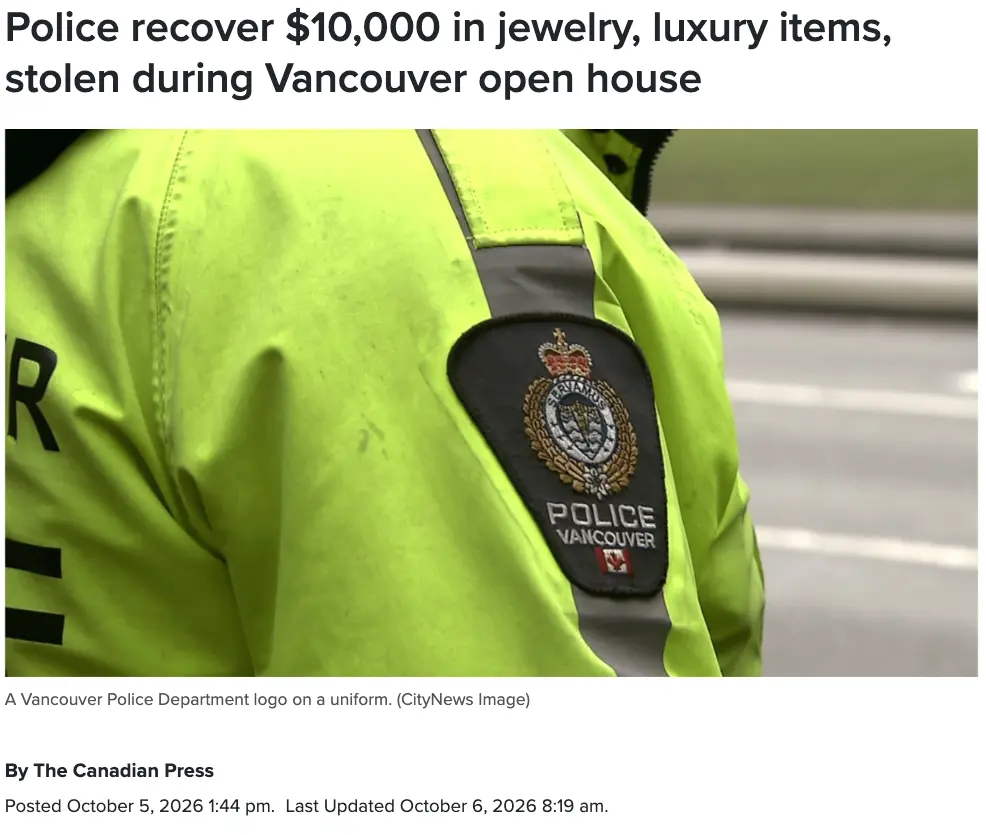 加拿大2名男子去OpenHouse看房，拿走房主$10,000珠宝，结果悲剧了