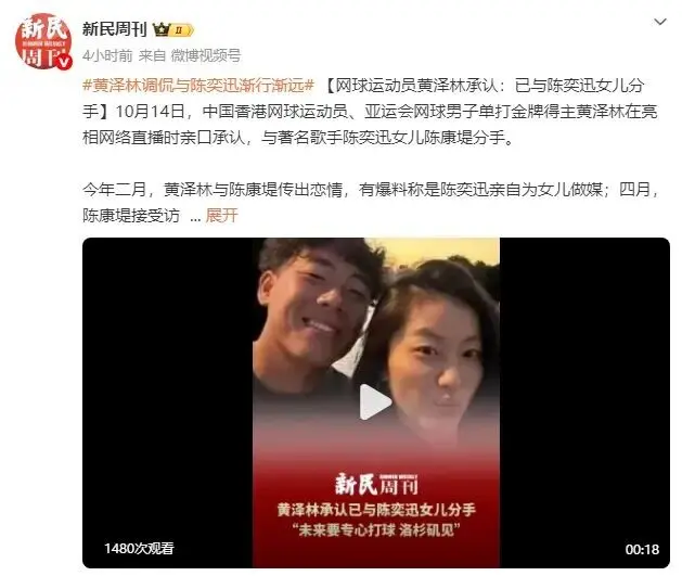 网球运动员黄泽林承认：已与陈奕迅女儿分手