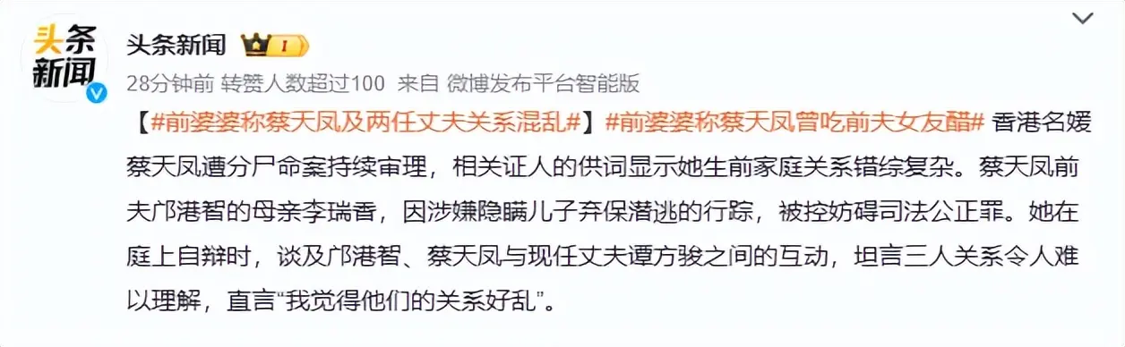 蔡天凤前婆婆曝料！称她和两任丈夫关系乱，三人往来密切互相吃醋