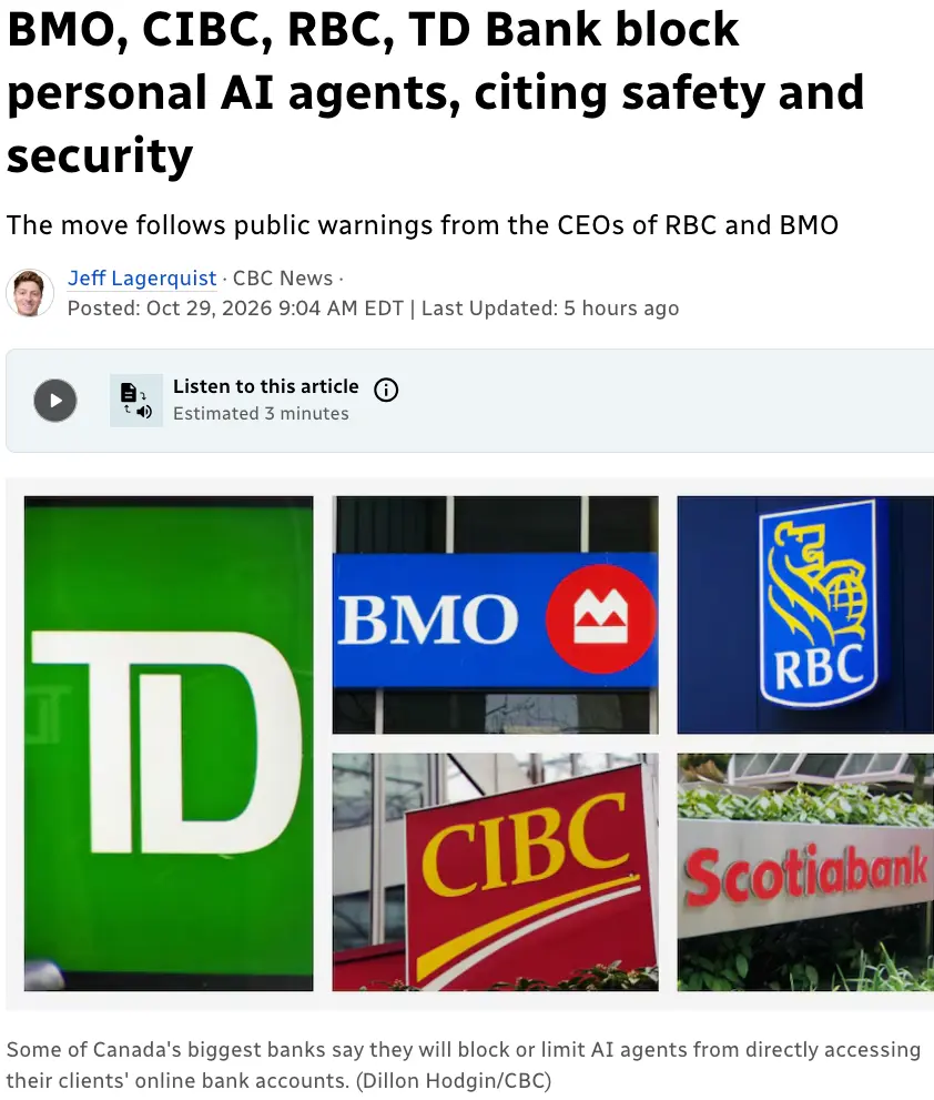加拿大RBC、TD五大银行纷纷宣布禁止AI代理！CEO警告：不应让第三方接触个人银行信息
